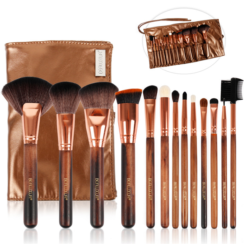 Makeup Brush Set, 13pcs Makeup Brushes Premium Synthetic Bristles Powder Foundation Blush Contour Concealers Lip Eyeshadow Brushes Kit… (005 Wooden handle)