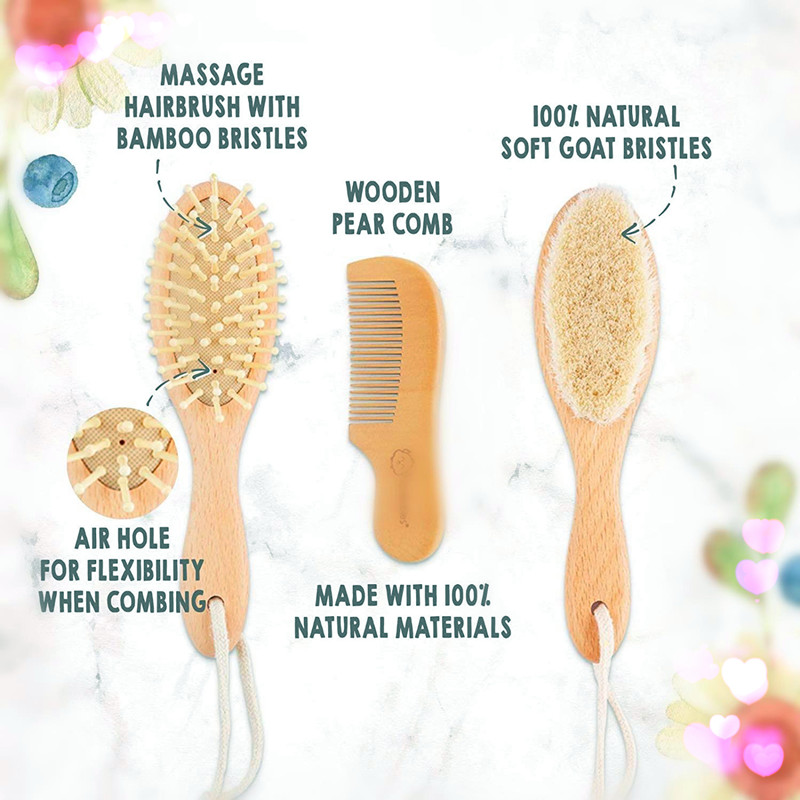 Three piece Wooden Baby Hair Brush and Comb Set(3 Piece ) for Newborns and Toddlers, Natural Soft Goat Bristles for Cradle Cap,Wood Bristles Baby Brush for Massage,Perfect for Baby Registry
