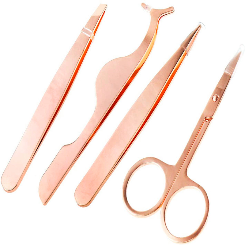 4pcs Set of Stainless Steel Rose Gold Eyebrow Scissors Tweezers Eyelashes Applicator Slant Tip Hair Tweezers Makeup Use Tool Kit