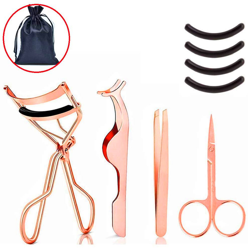 4-pieces Stainless Steel Eyelash Curler Rose Gold Eyelash Applicator Eyebrow Tweezers Set  Makeup Use Tool Kit